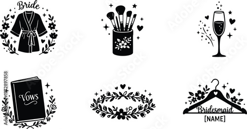 Black and white bride robe vows book makeup brushes champagne glass bridesmaid hanger icons