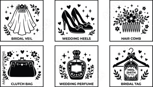 Black and white bridal accessories vector art with wedding veil heels clutch bag and perfume