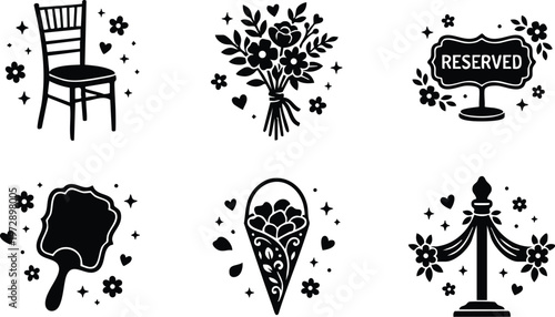 Black and white floral bouquet chair reserved sign and wedding decorations vector art