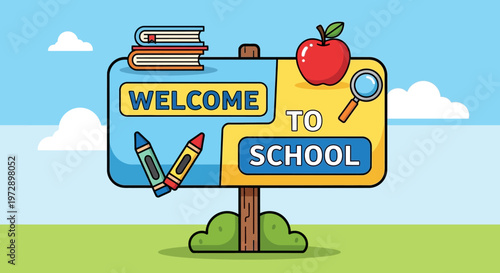 School sign with educational icons.