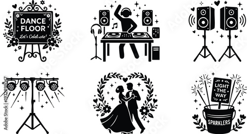 Black and white couple dancing with music speaker and dance floor decorations vector art