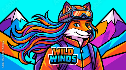 Colorful cartoon fox skier portrait.