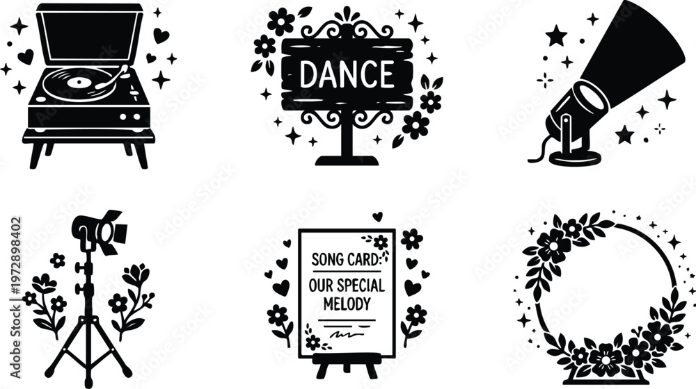 Obraz premium Black and white dance sign song card floral spotlight record player vector art