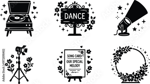 Black and white dance sign song card floral spotlight record player vector art