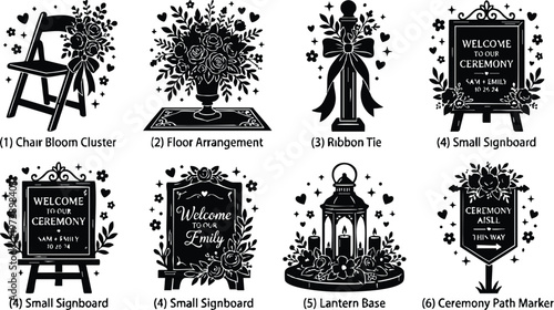 Black and white floral chair cluster floor arrangement ribbon tie ceremony signboards and lantern base line art