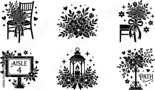 Black and white floral bouquet and decorated chair with ribbon vector art