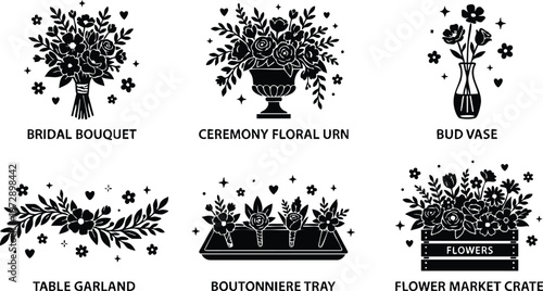 Black and white floral arrangements bridal bouquet ceremony urn and flower market crate flat design vector art