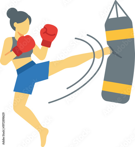 Woman in blue shorts kicking punching bag.