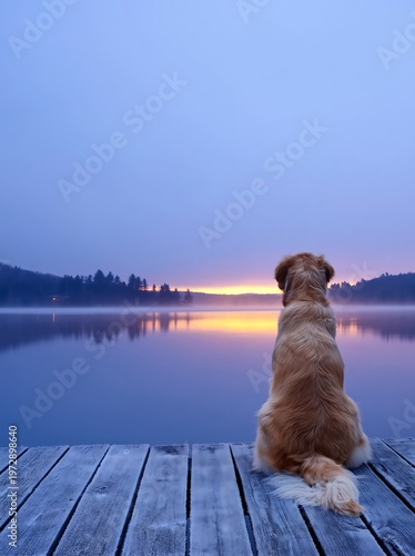 Dog Gazing at Golden Sunrise Over Misty Lake From Wooden Dock