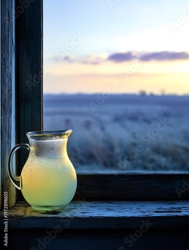 Chilled Lemonade Pitcher on Rustic Cottage Windowsill at Sunset