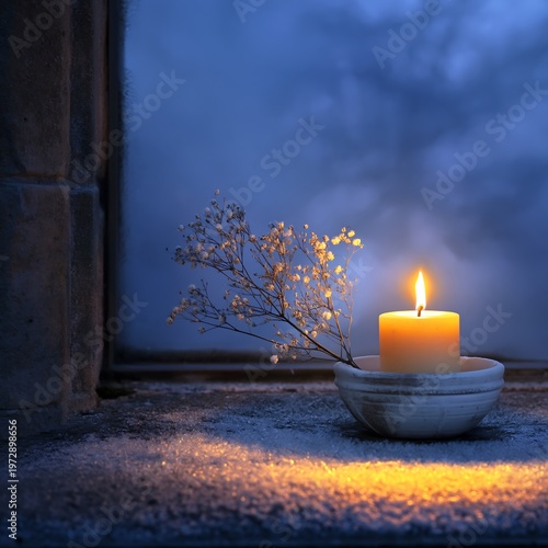 Lit Candle with Dried Flowers Glowing at Twilight, Peaceful Evening Scene
