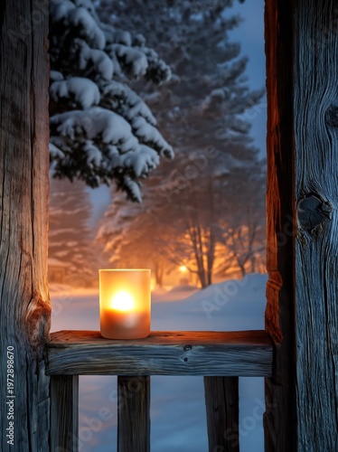 Lit Candle on Rustic Cabin Windowsill with Snowy Pine Forest at Dusk