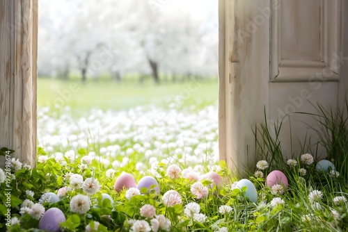 Easter Eggs Hidden in Spring Daisy Garden Beyond Cottage Door