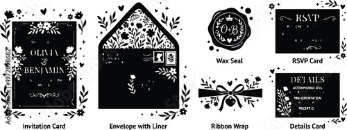 Black and white floral invitation set with wax seal ribbon wrap and rsvp card