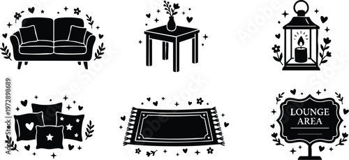 Black and white lounge area icons with sofa vase lantern cushions and rug