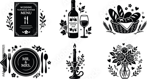 Black and white wedding rehearsal dinner menu wine bread bouquet line art