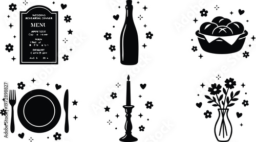 Black and white wedding rehearsal dinner menu with bottle plate candle and flowers vector art