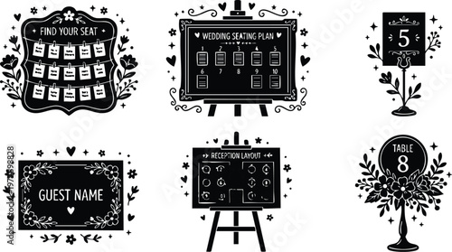 Black and white wedding seating plan and table number decorations vector art