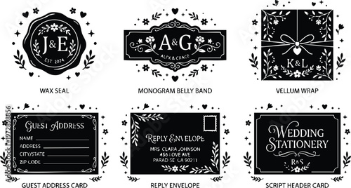 Black and white wedding stationery set with wax seal belly band vellum wrap and address cards