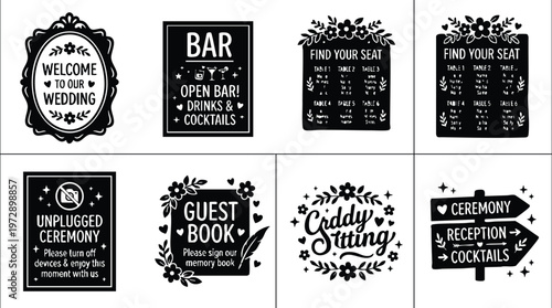 Black and white wedding signs with floral ornaments and handwritten text style