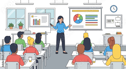 Teacher standing in classroom with students.