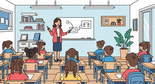 Teacher standing in classroom with students 1.