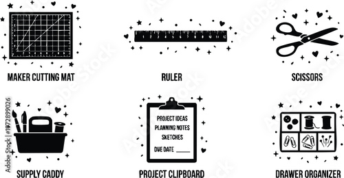 Black and white maker cutting mat ruler scissors supply caddy and project clipboard icons