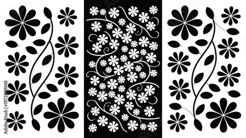 Intricate black and white geometric patterns on a segmented design background
