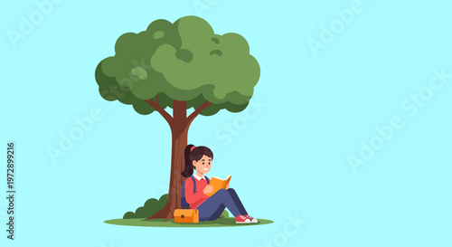 Woman sitting under tree reading book 1.