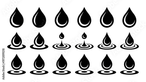 Collection of dripping water droplets in various stages of fall and impact