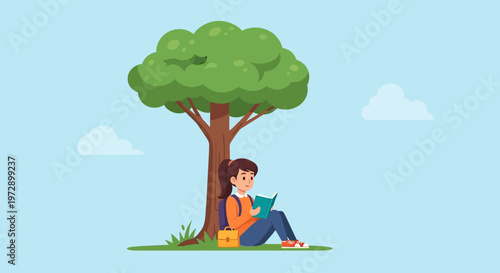 Woman Sitting Under Tree Reading Book.