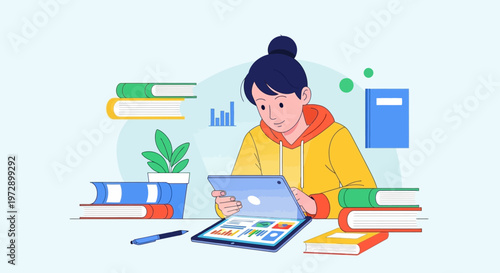 Woman Using Laptop With Books Nearby.