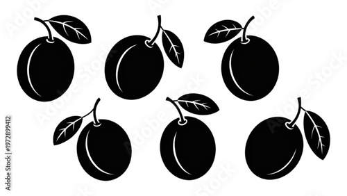 Black and white illustration of five plums with leaves on a plain background