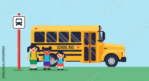 Yellow School Bus with Children Standing.