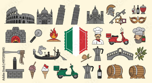 Italy Travel and Culture Icons Set: Vector Illustrations of Landmarks, Food, and Traditional Symbols