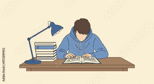 Young adult studying with book and lamp.