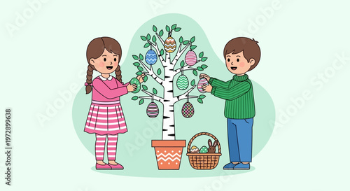 Boy and Girl Decorating a Traditional Easter Tree with Colorful Eggs and Ornaments. Cute Kids Festive Spring Celebration Illustration with Easter Basket and Bunny.