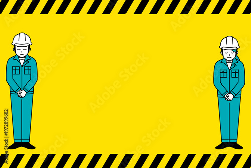 トラ柄の背景とお辞儀をするヘルメットの作業員の男女