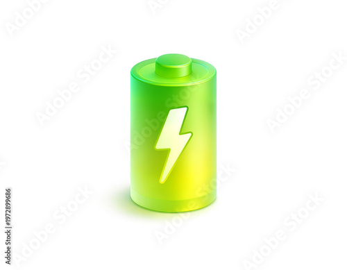 Wallpaper Mural Glossy 3D battery icon in green and yellow tones with a lightning bolt symbol, representing full charge, power and modern energy efficiency. Torontodigital.ca
