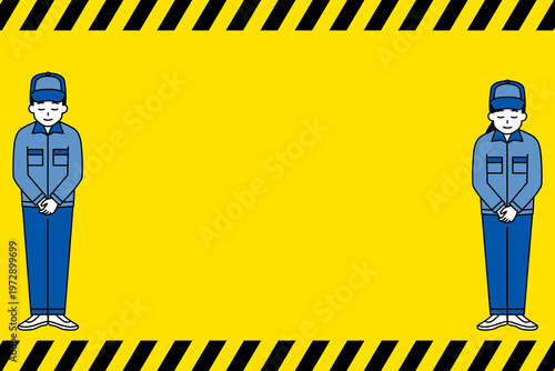 トラ柄の背景とお辞儀をするつなぎ作業服の男女