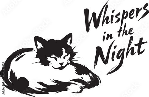 Stylized nocturnal feline illustration, capturing the peaceful repose and gentle secrets of twilight hours