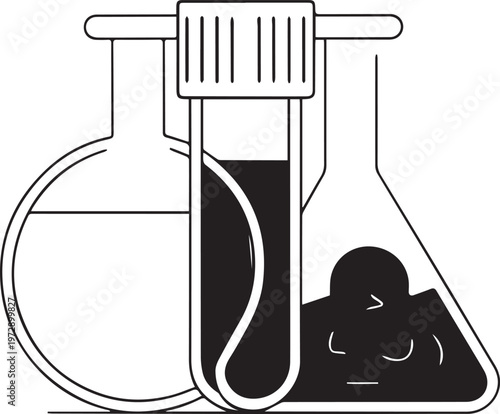 Black and white line illustration of scientific laboratory equipment for chemical experiments and research