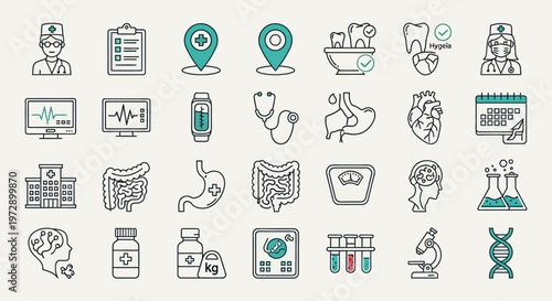 Comprehensive Medical and Healthcare Icon Set - Modern Flat Line Symbols for Hospital, Science, Anatomy, and Wellness