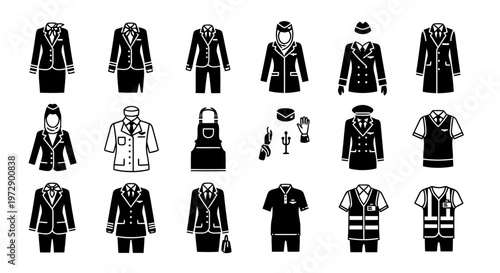 Collection of 18 unique black silhouette flight attendant outfit icons in a single frame, featuring various airline crew uniforms, professional clothing styles, and service attire.