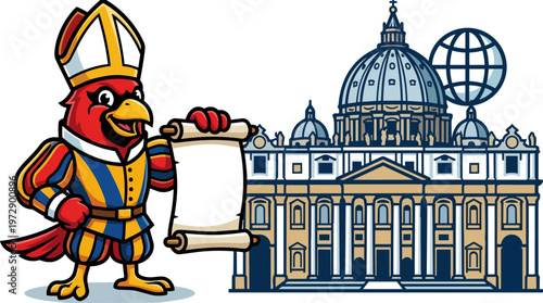 Cartoon bird in pope hat.
