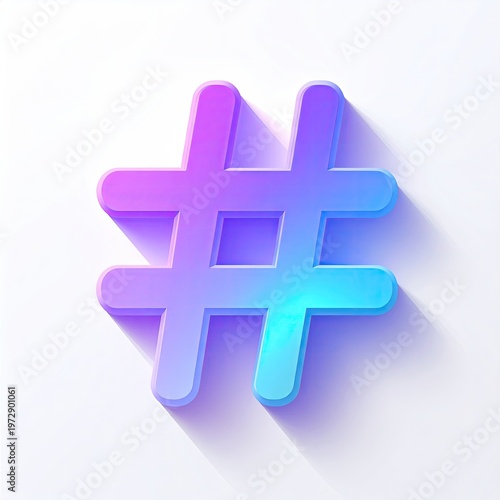 Neon hashtag symbol in vibrant purple and blue gradient against a clean white backdrop casting a soft shadow in a modern style