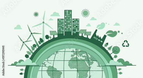 Eco-friendly Green City Concept with Renewable Energy, Wind Turbines, and Solar Panels on Globe Illustration for Sustainable Environment and ESG Goals