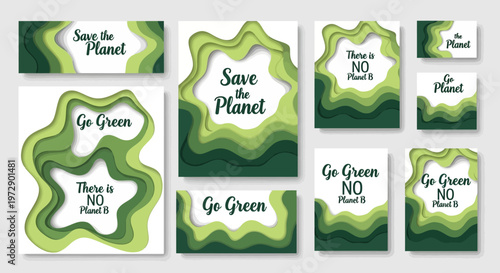 Green Paper Cut Environmental Awareness Poster and Banner Collection featuring Save the Planet and Go Green Slogans for Sustainable Eco-Friendly Campaigns