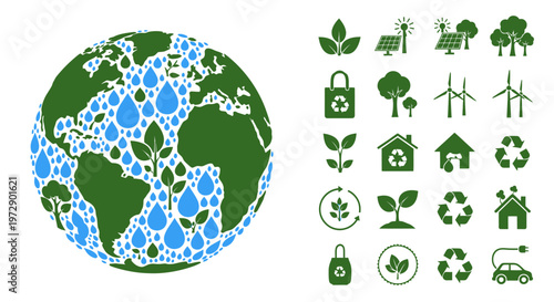 Ecology and Sustainability Icon Set with Green Planet Earth Globe Illustration for Environmentally Friendly Energy and Water Conservation Concepts