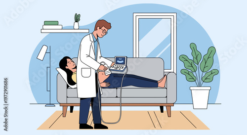 Doctor performing ultrasound on pregnant woman lying on couch at home, medical checkup